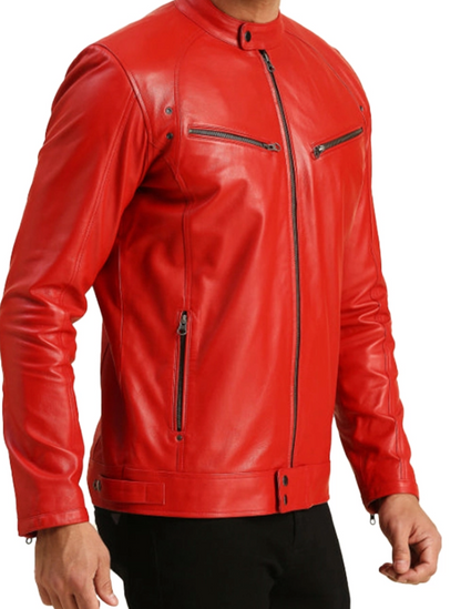 Men's Red Leather Jacket with Zippered Pockets