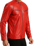 Men's Red Leather Jacket with Zippered Pockets and Snap Button Collar