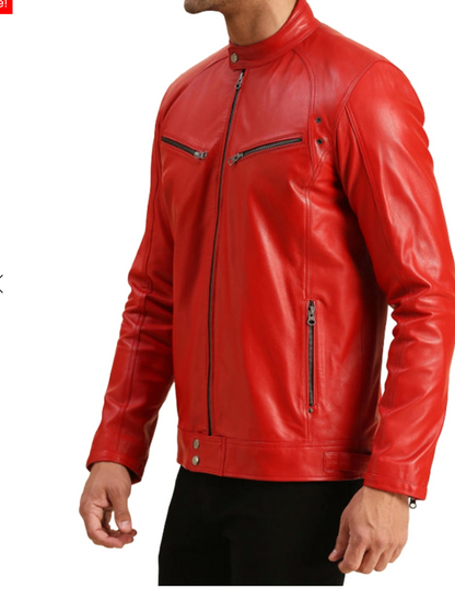 Men's Red Leather Jacket with Zippered Pockets
