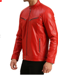 Men's Red Leather Jacket with Zippered Pockets and Snap Button Collar