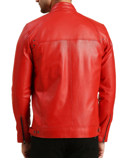 Men's Red Leather Jacket with Zippered Pockets