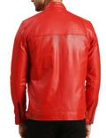 Men's Red Leather Jacket with Zippered Pockets and Snap Button Collar