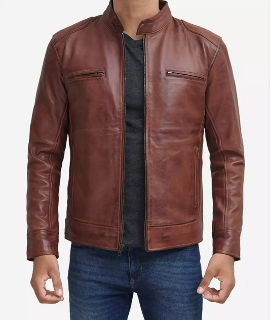 Mens Tall Cognac Leather Cafe Racer Jacket Verified Leather