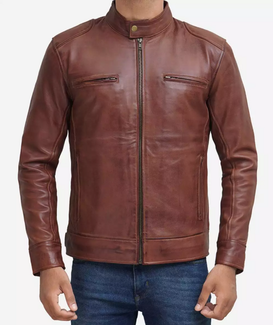 Mens Tall Cognac Leather Cafe Racer Jacket Verified Leather