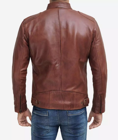 Mens Tall Cognac Leather Cafe Racer Jacket Verified Leather