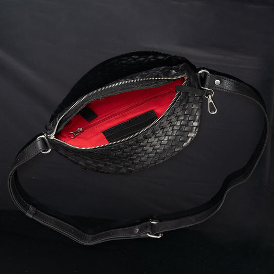 Nexus Woven Leather Belt Bag-Woven Black With Red Lining Verified Leather