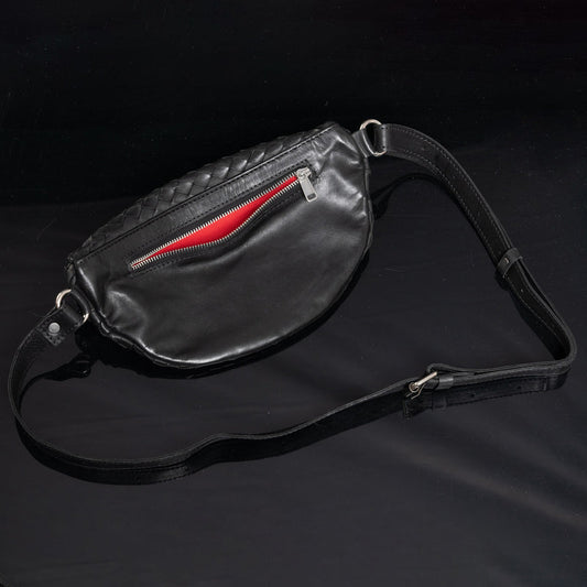 Nexus Woven Leather Belt Bag-Woven Black With Red Lining Verified Leather