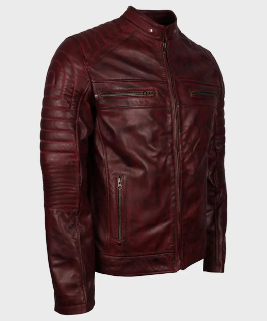 Vintage Cafe Racer Maroon Leather Jacket Verified Leather