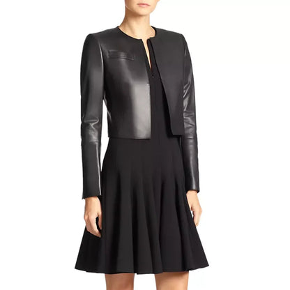 Margret Cropped Premium Black Leather Jacket Verified Leather