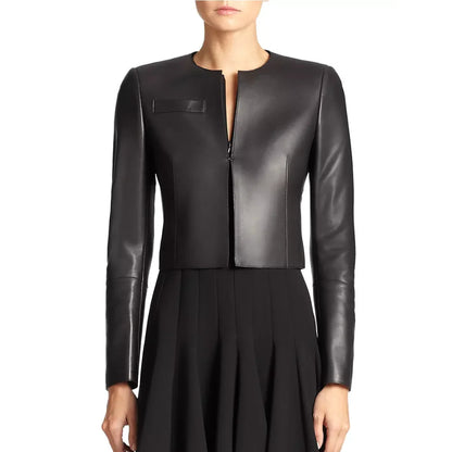 Margret Cropped Premium Black Leather Jacket Verified Leather