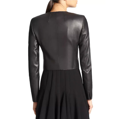 Margret Cropped Premium Black Leather Jacket Verified Leather