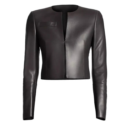 Margret Cropped Premium Black Leather Jacket Verified Leather