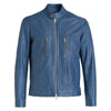 Mens Blue Cafe Racer Leather Jacket