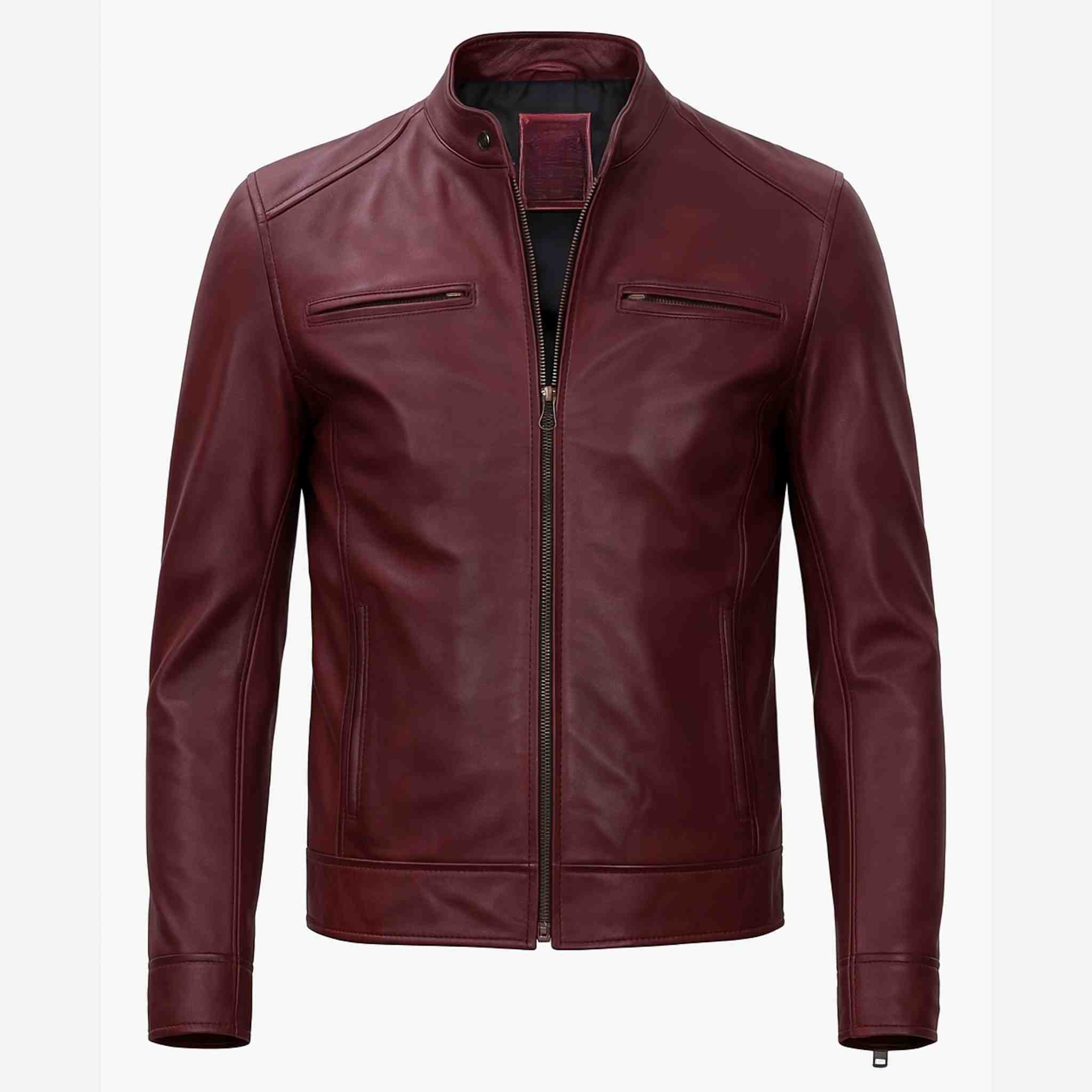 Maroon leather jacket on a white background