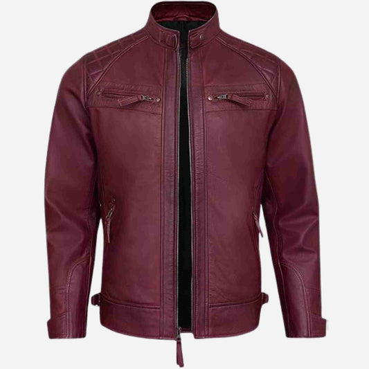 Maroon leather jacket on a white background