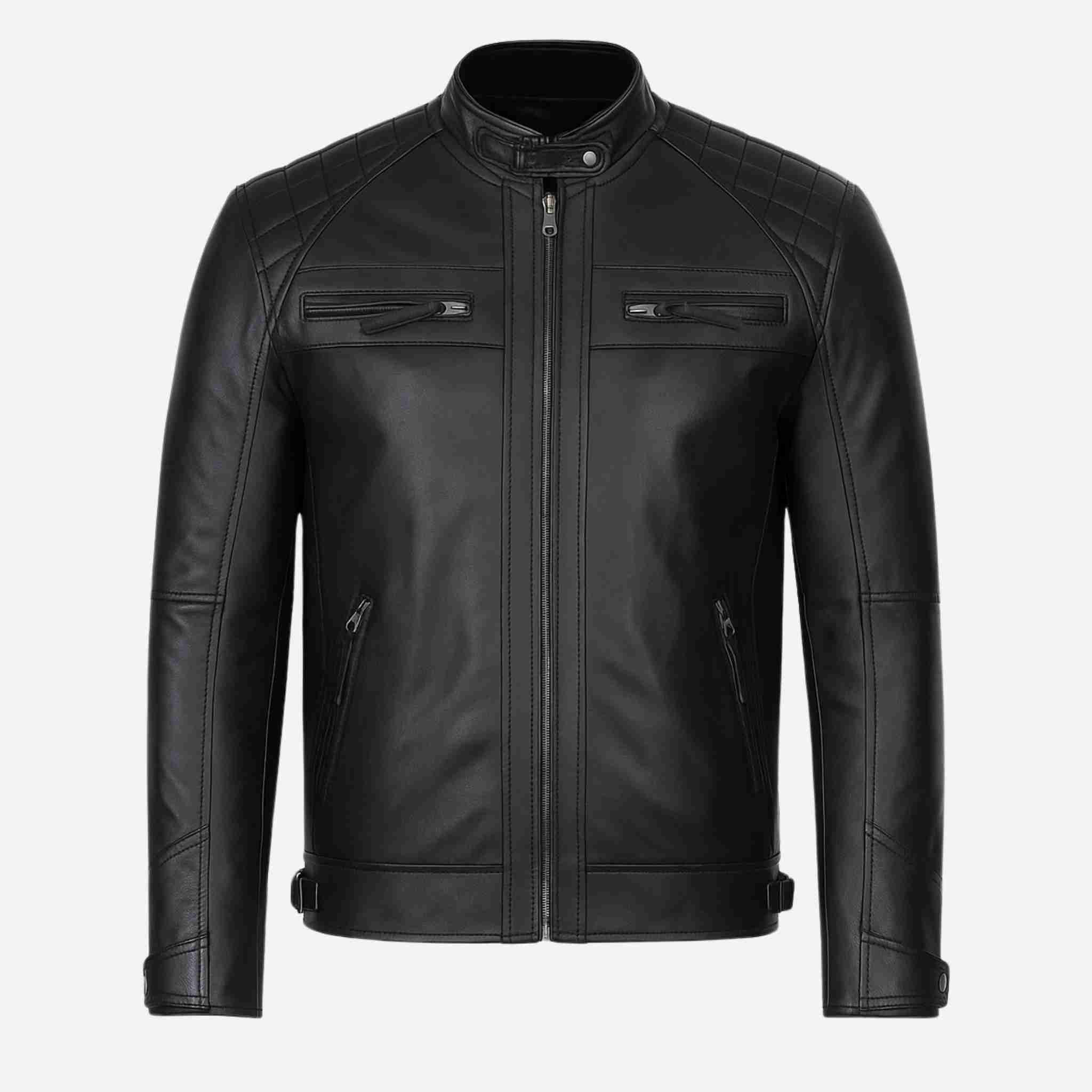 Men's Tall Quilted Shoulder Black Cafe Racer Leather Jacket