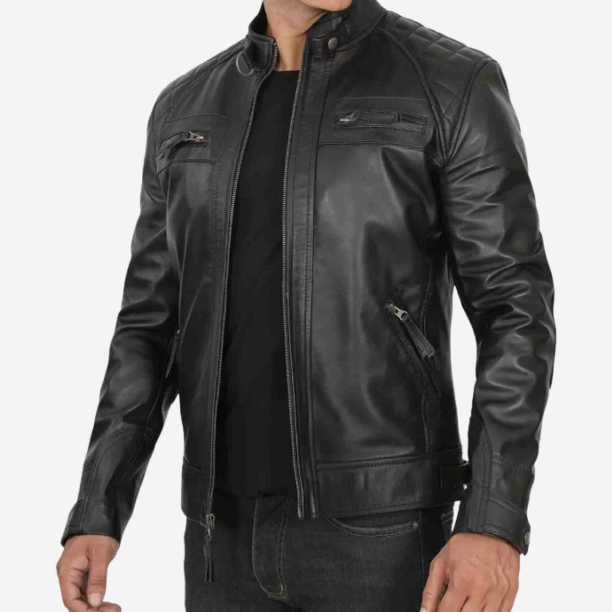 Men's Tall Quilted Shoulder Black Cafe Racer Leather Jacket