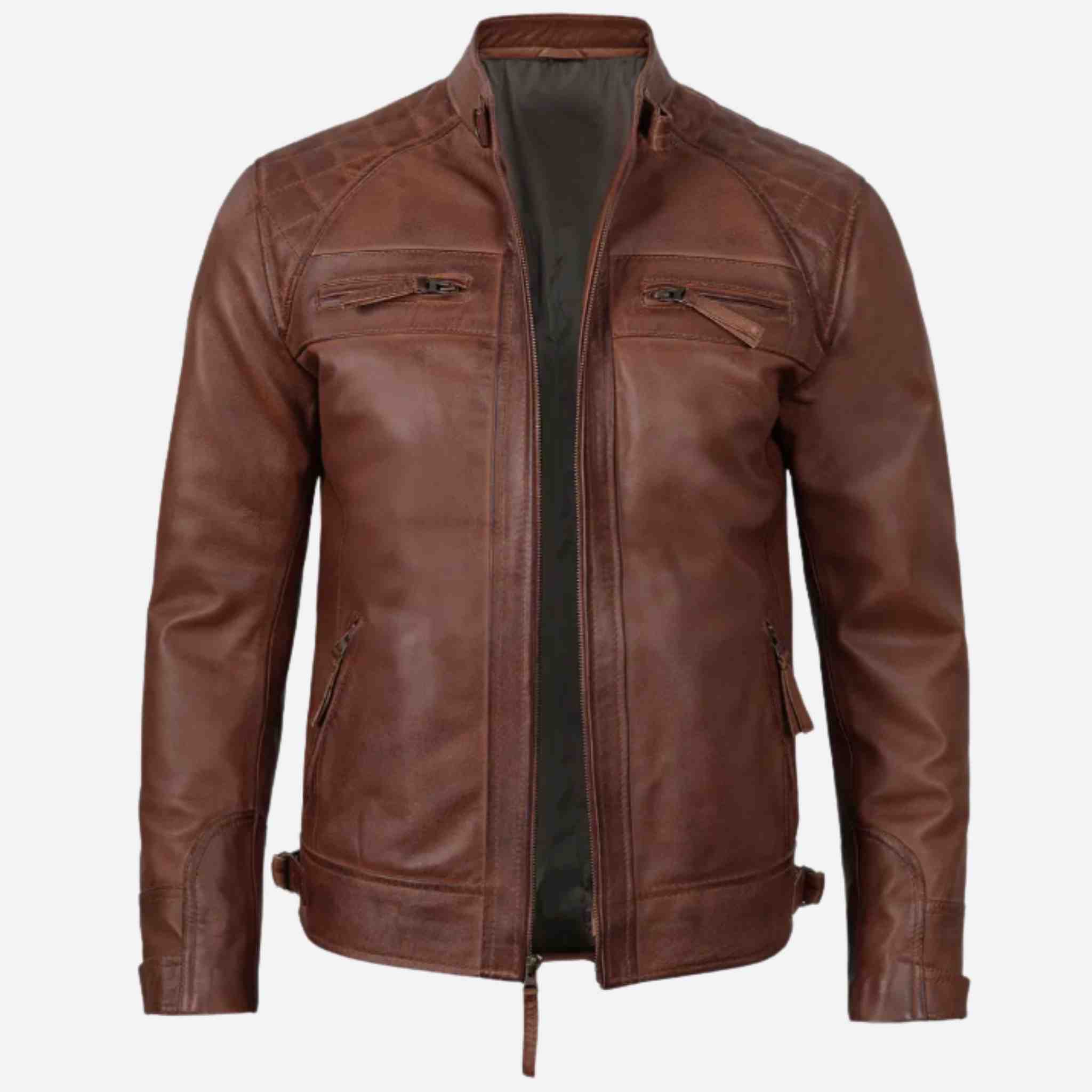 Brown leather jacket on a white background