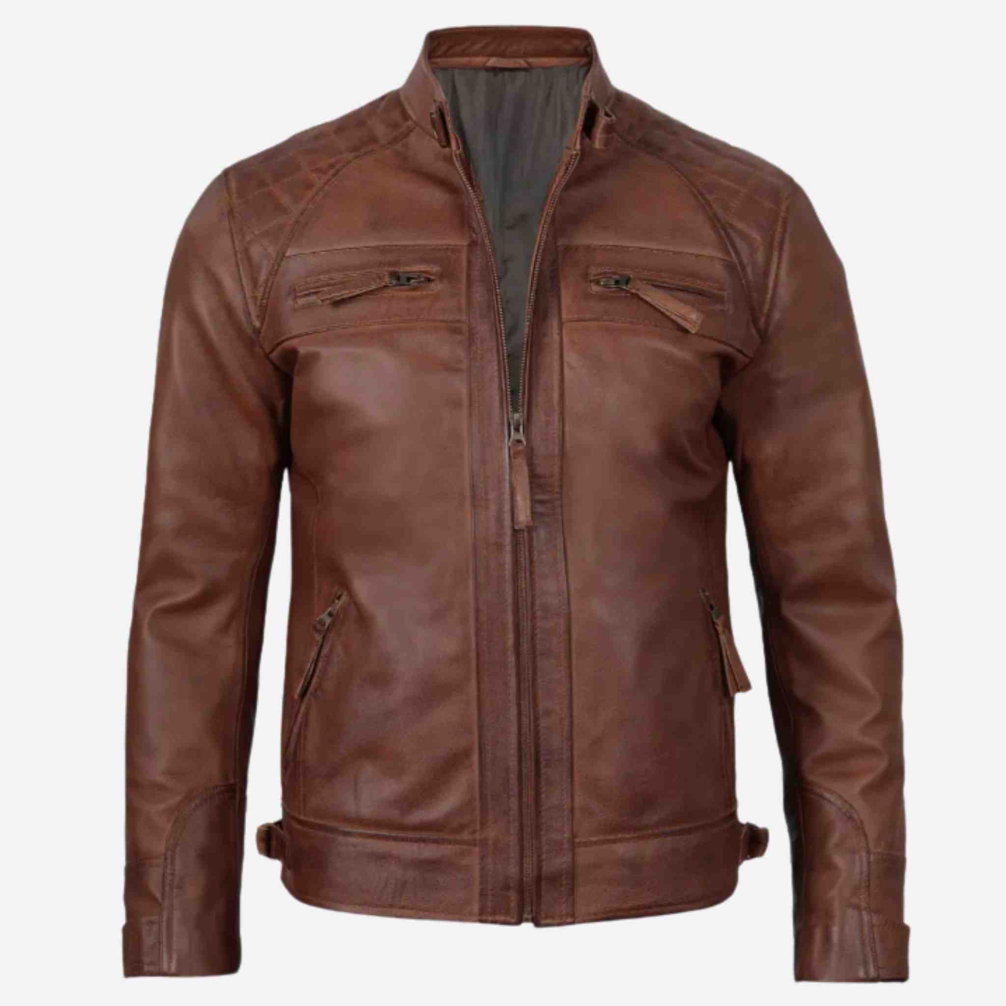 Brown leather jacket on a white background