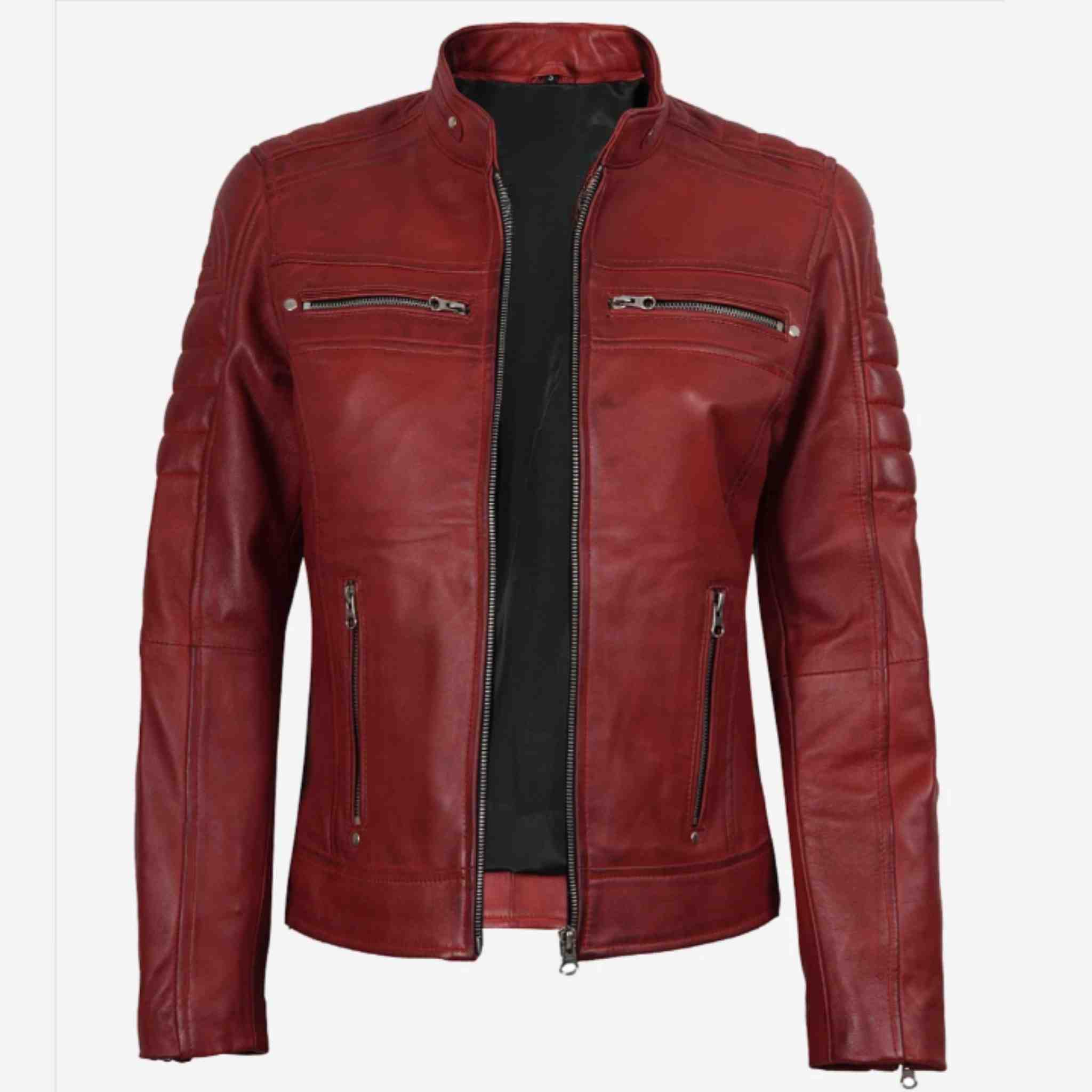 Womens Real Leather Red Cafe Racer Jacket