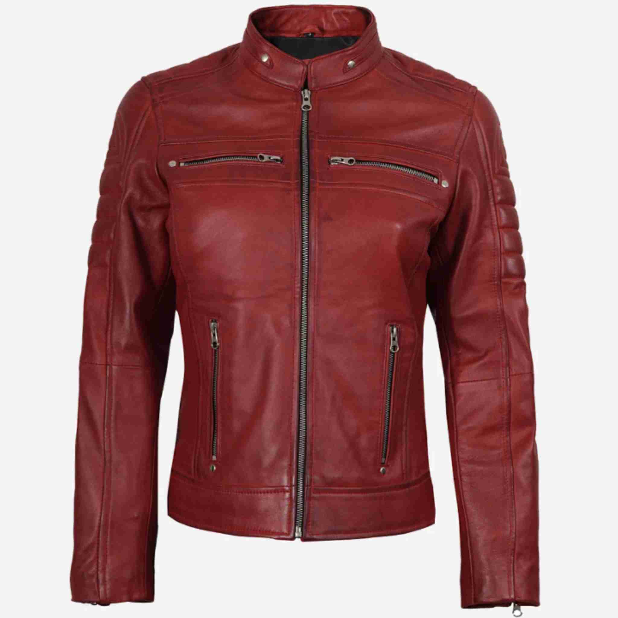 Womens Real Leather Red Cafe Racer Jacket