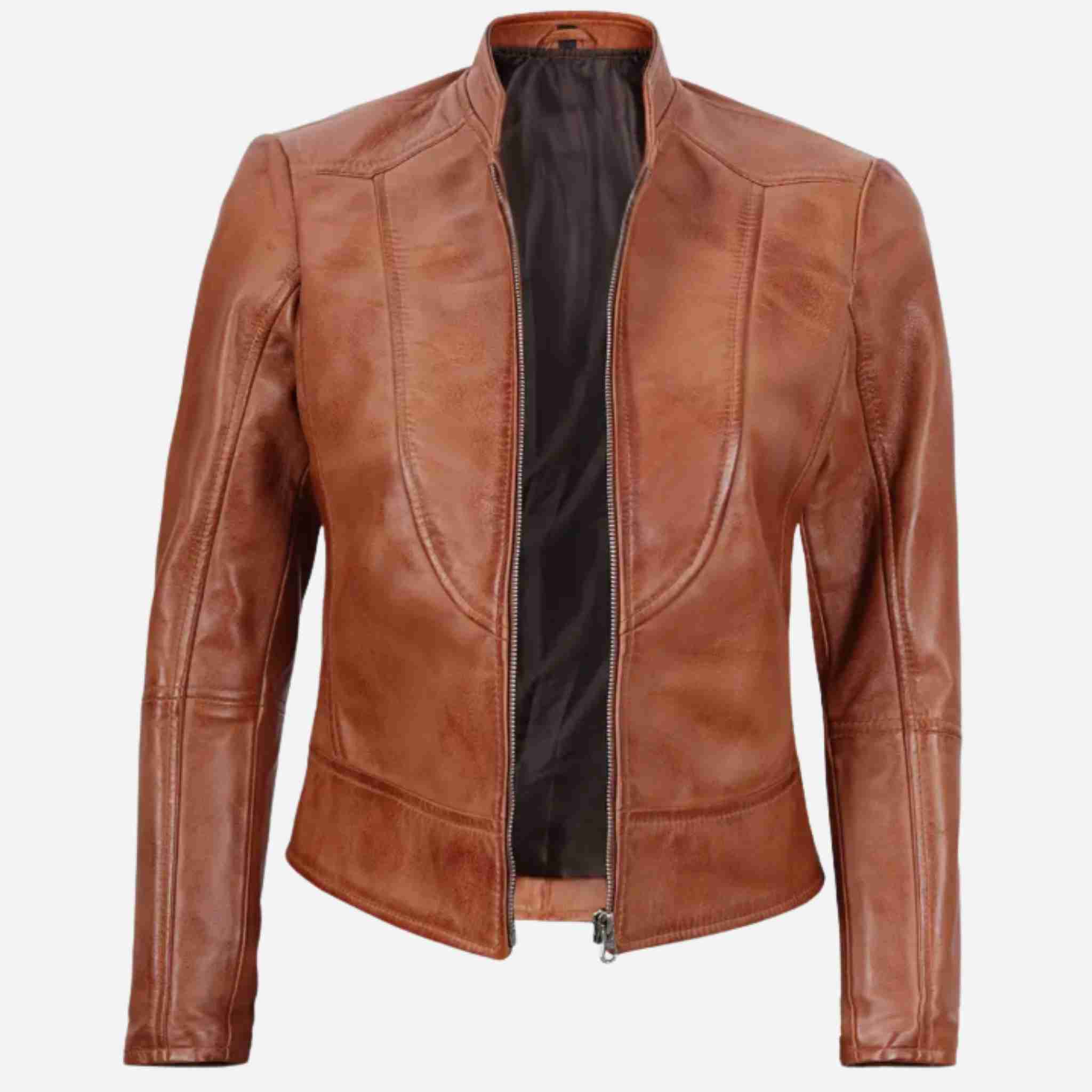 Brown leather jacket on a white background