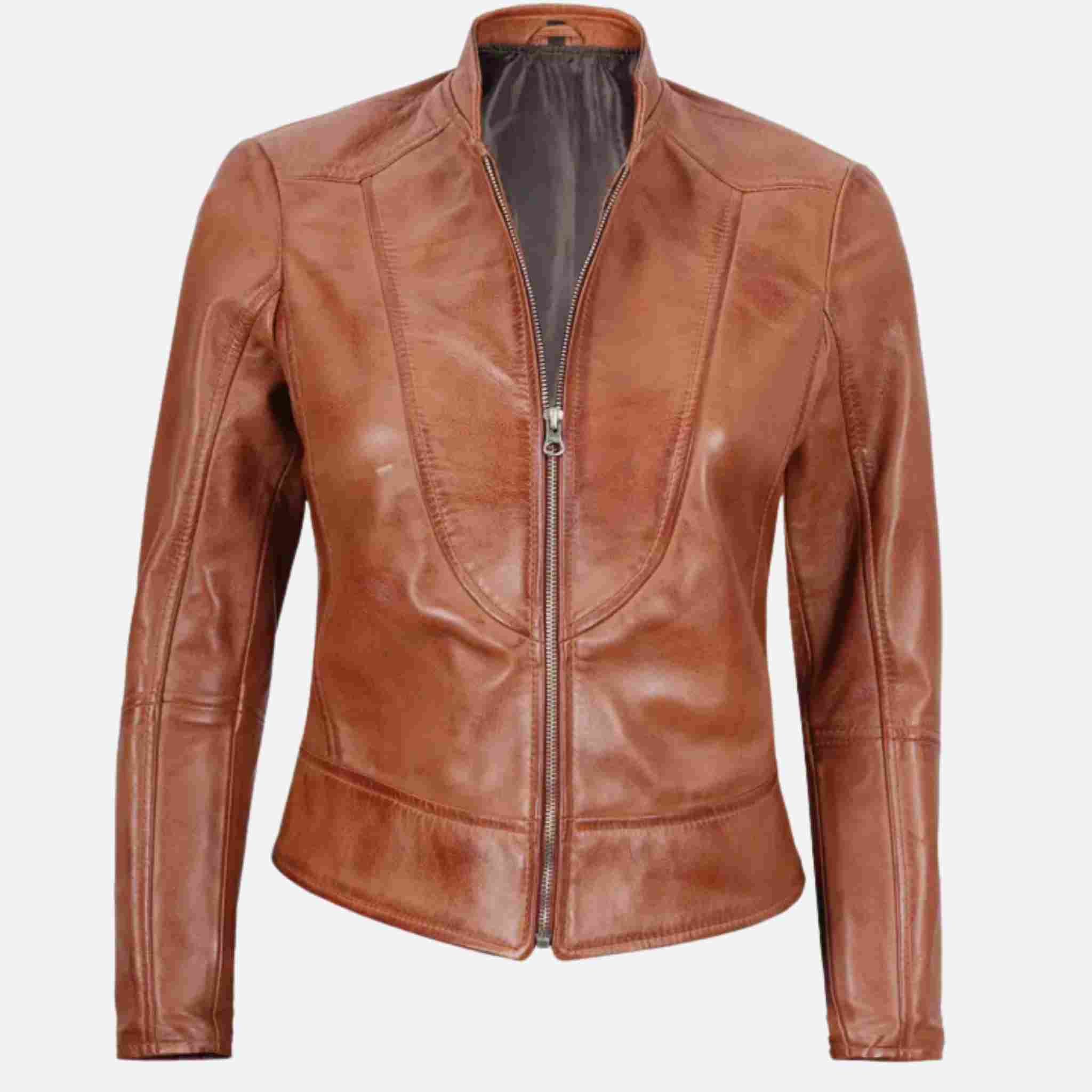 Brown leather jacket on a white background