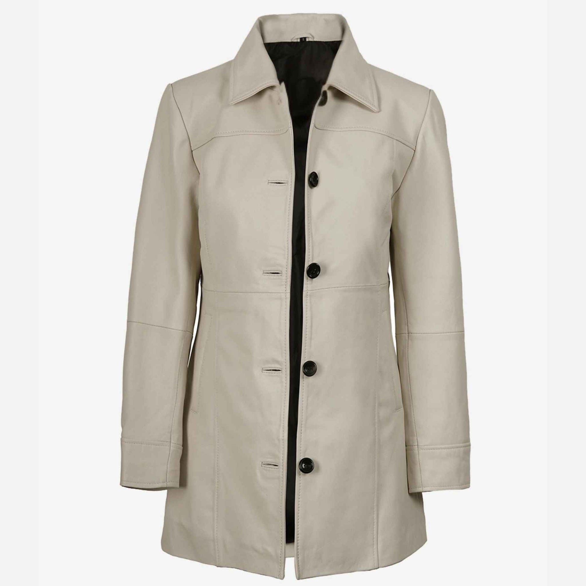 Beige coat with black buttons on a white background