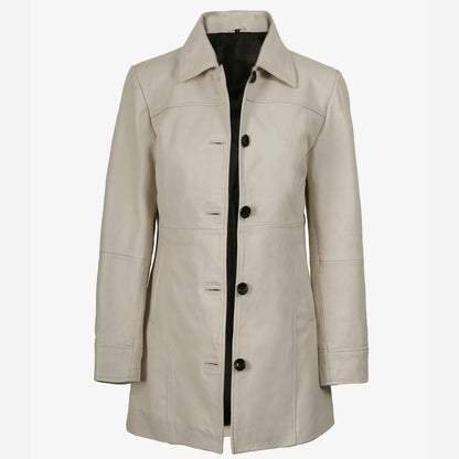 Beige coat with black buttons on a white background