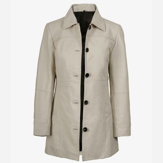 Beige coat with black buttons on a white background