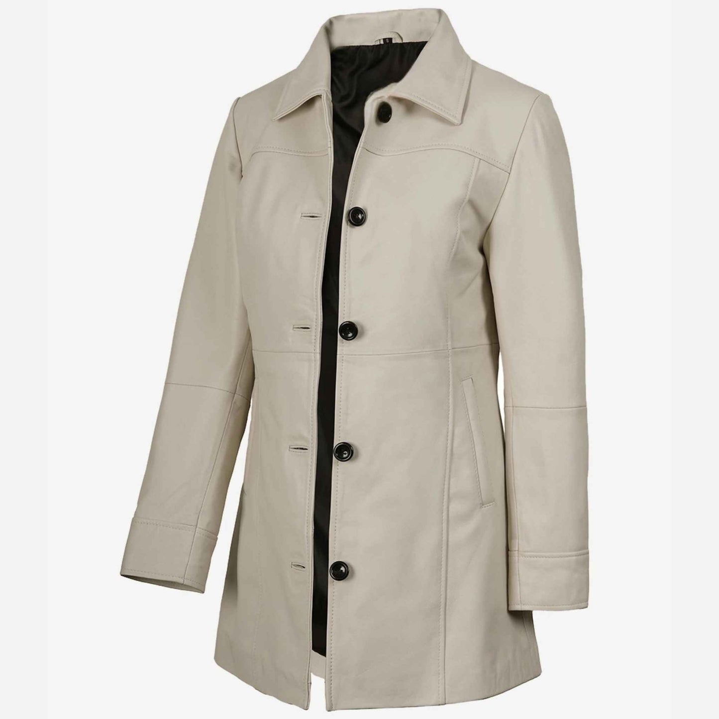Beige coat with black buttons on a white background