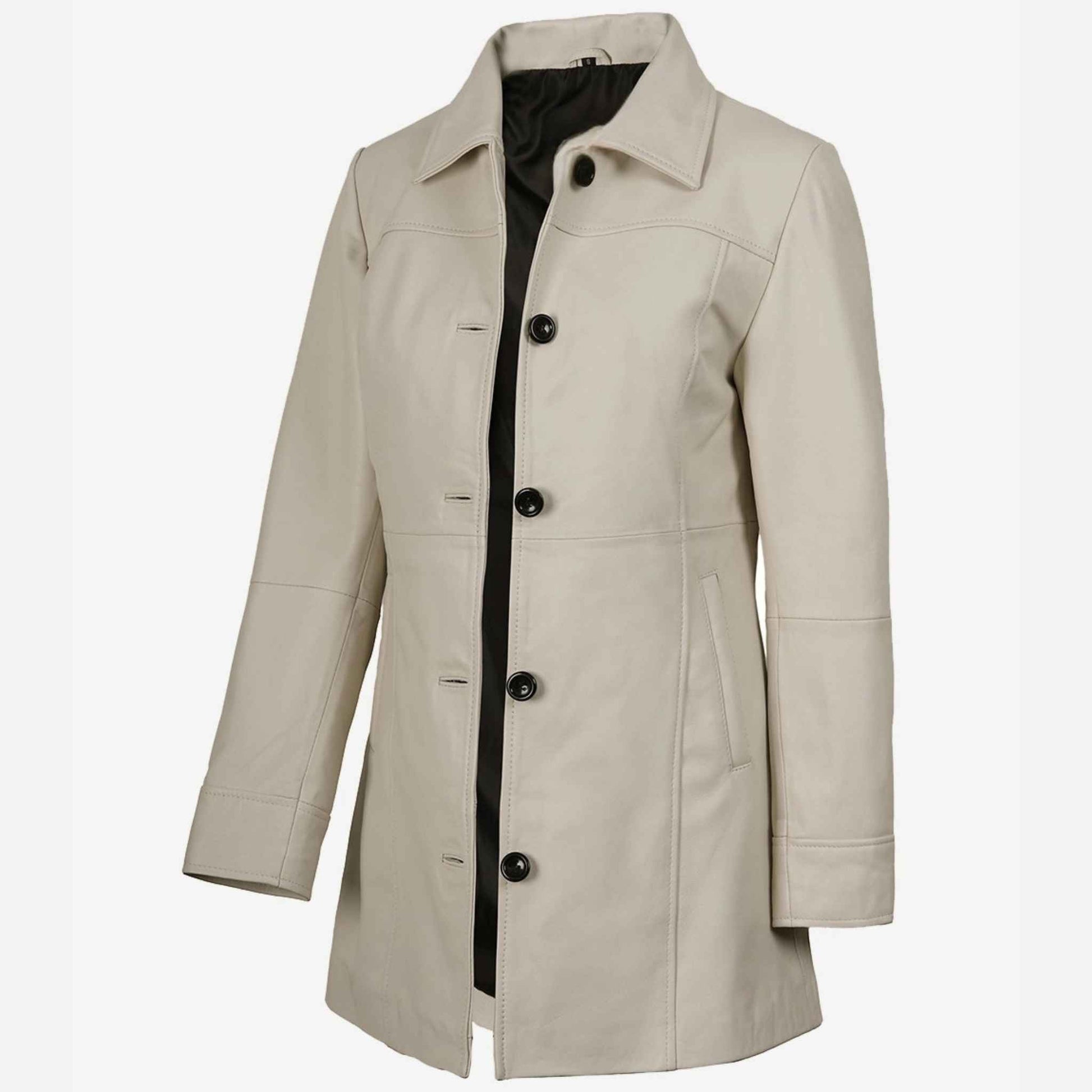 Beige coat with black buttons on a white background