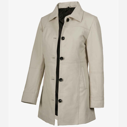 Beige coat with black buttons on a white background