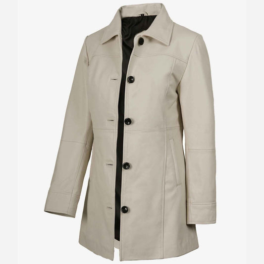Beige coat with black buttons on a white background