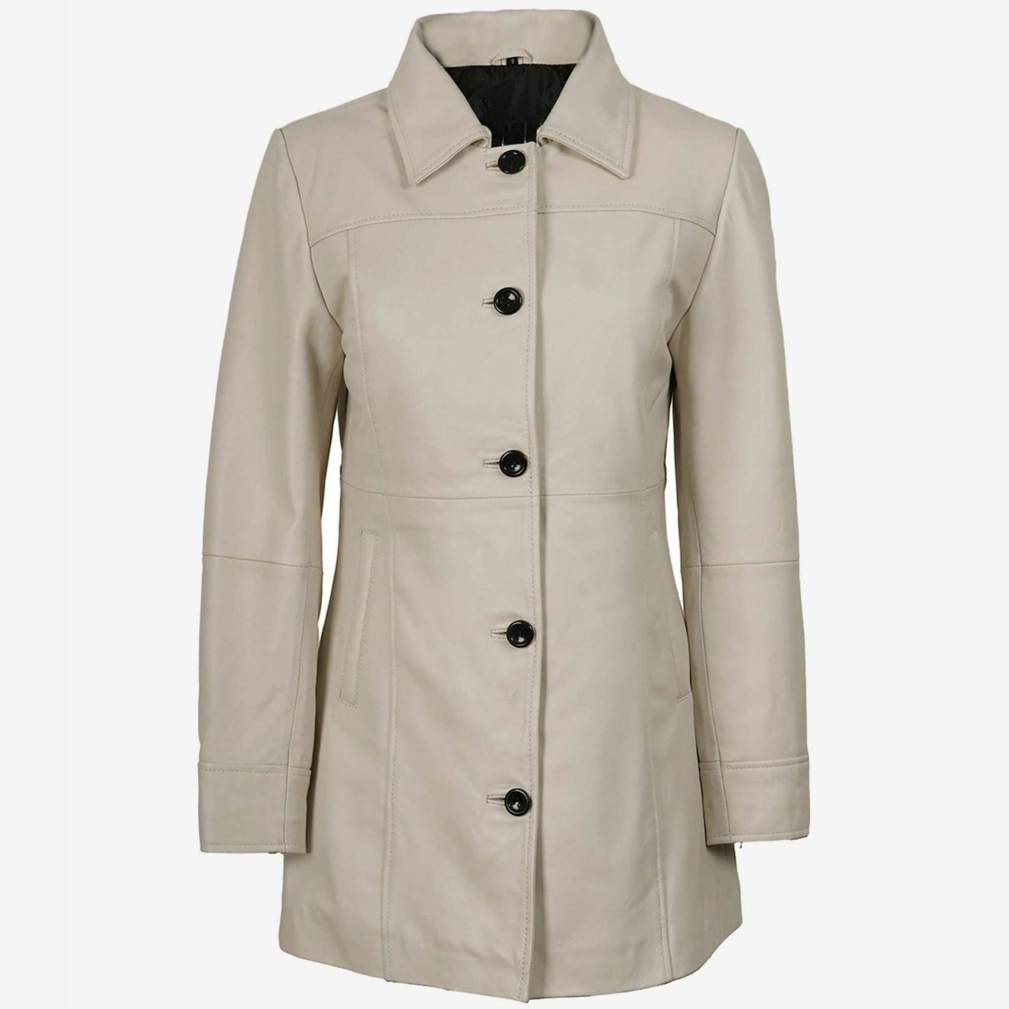 Beige coat with black buttons on a white background