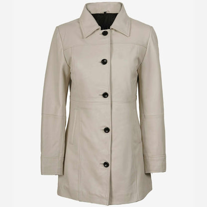 Beige coat with black buttons on a white background
