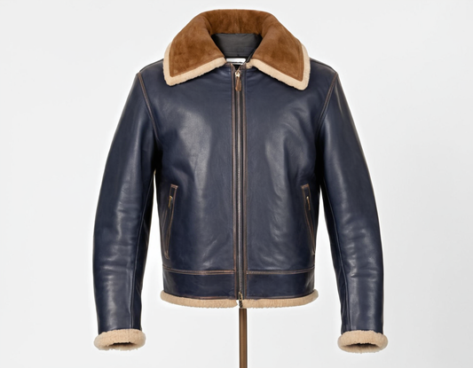 Brown Navy Shearling Collar Leather Jacket
