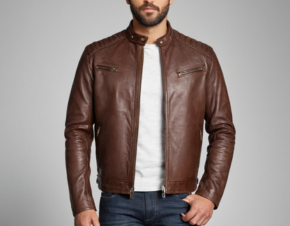Classic Dark Brown Leather Racer Jacket Verified Leather