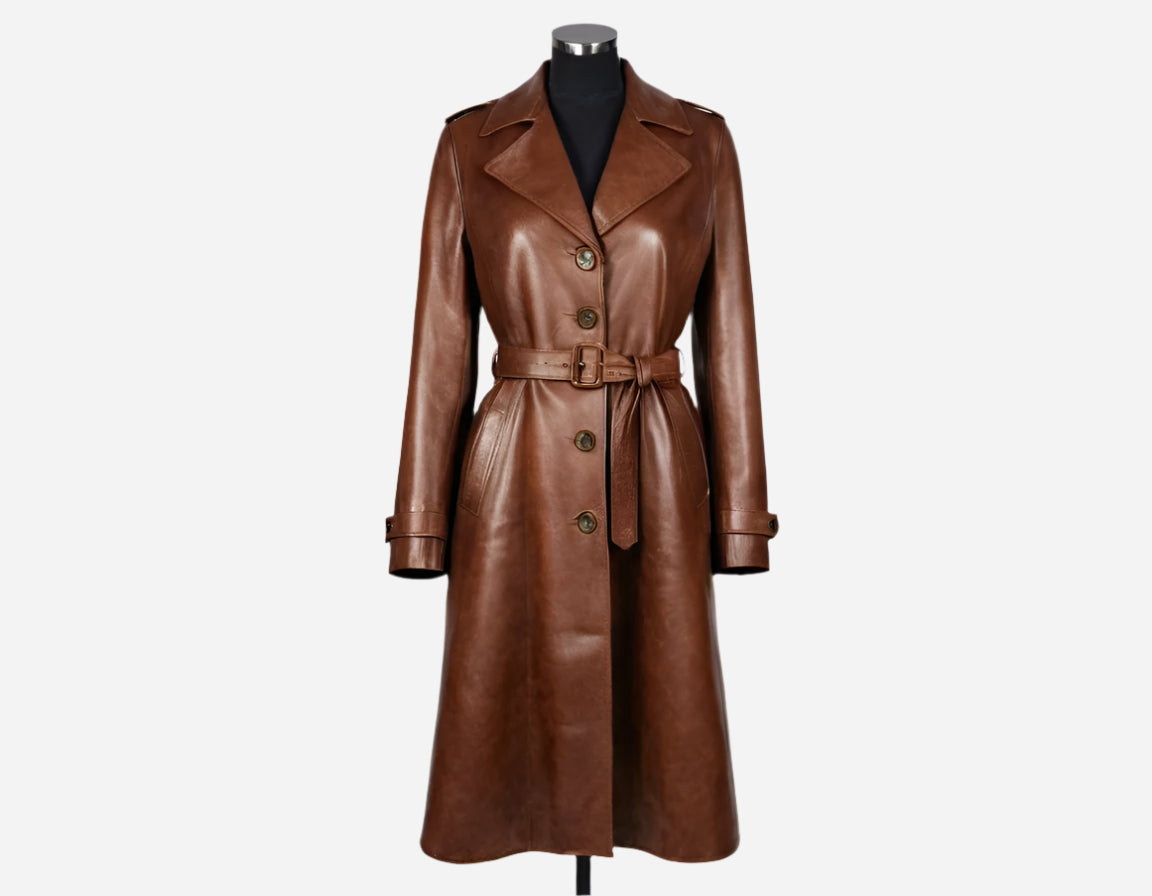 Vintage Women’s Brown Leather Long Coat Verified Leather