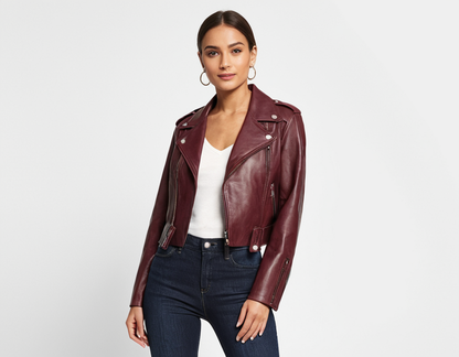 Womens Maroon Real Leather Cropped Jacket Verified Leather