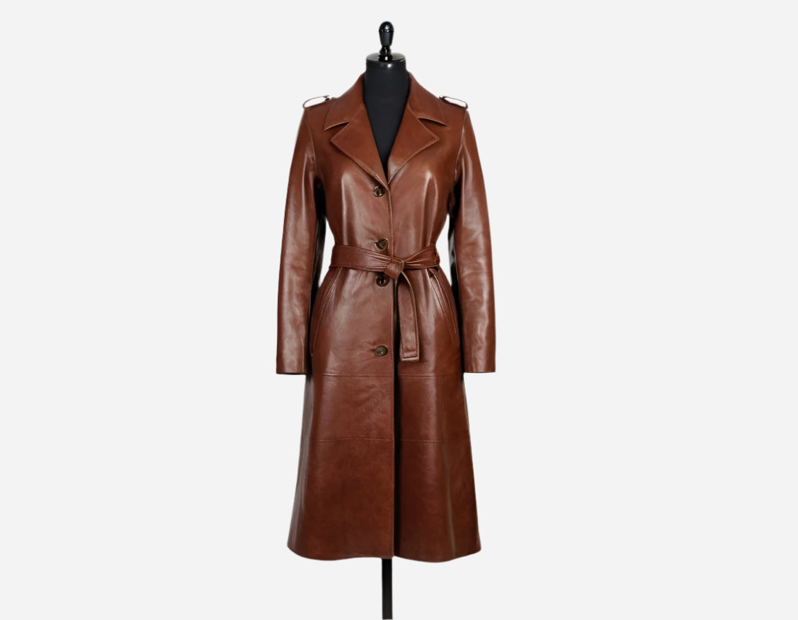 Vintage Women’s Brown Leather Long Coat Verified Leather
