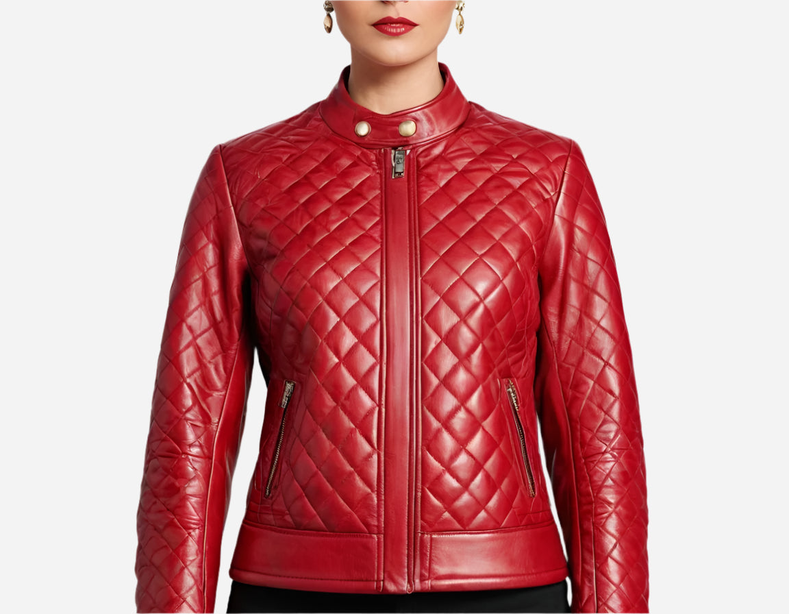 Womens Quilted Red Leather Jacket Verified Leather