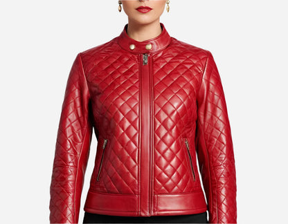 Womens Quilted Red Leather Jacket Verified Leather