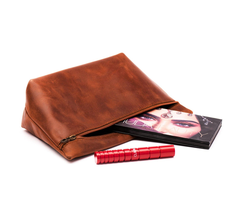 Leather Makeup Bag - Saddle Brown
