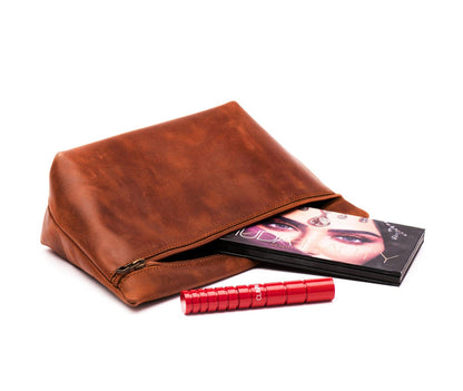 Leather Makeup Bag - Saddle Brown