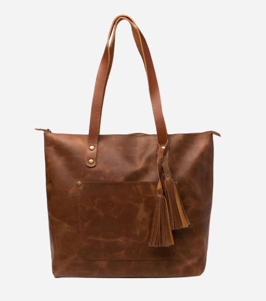 Leather Tote with Zipper- Saddle Brown