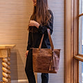 Leather Tote with Zipper- Saddle Brown