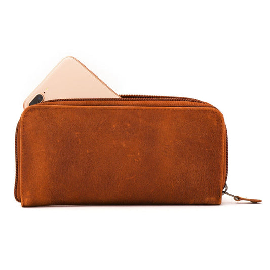 Leather Zip Around Wallet - Saddle Brown