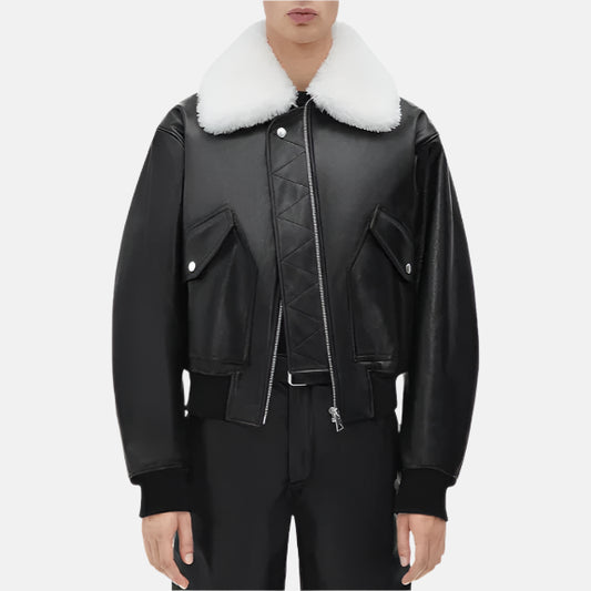Travis Black Shearling Collar Leather Jacket