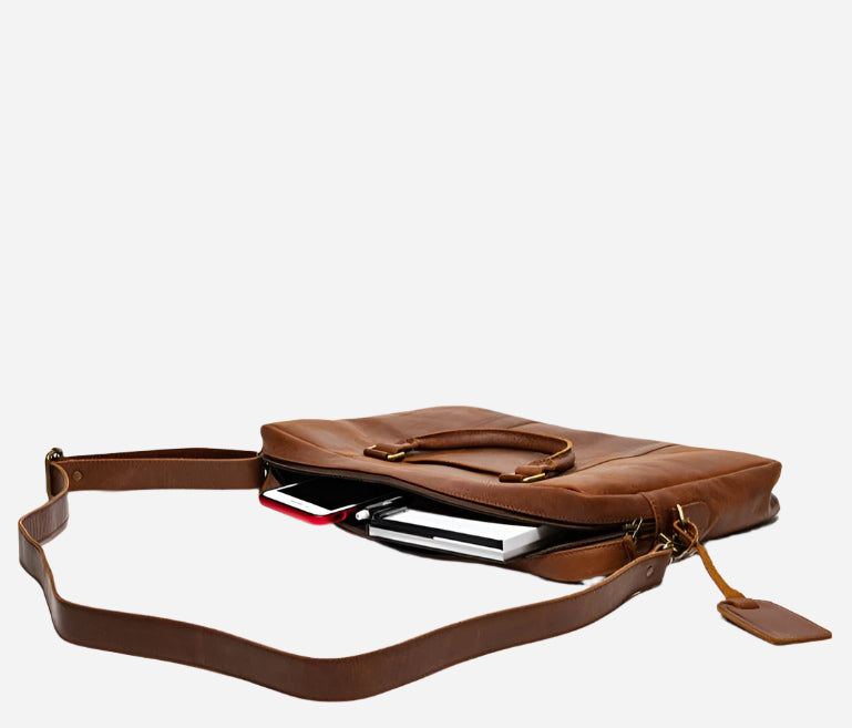 Slim Leather Briefcase 15" - Saddle Brown